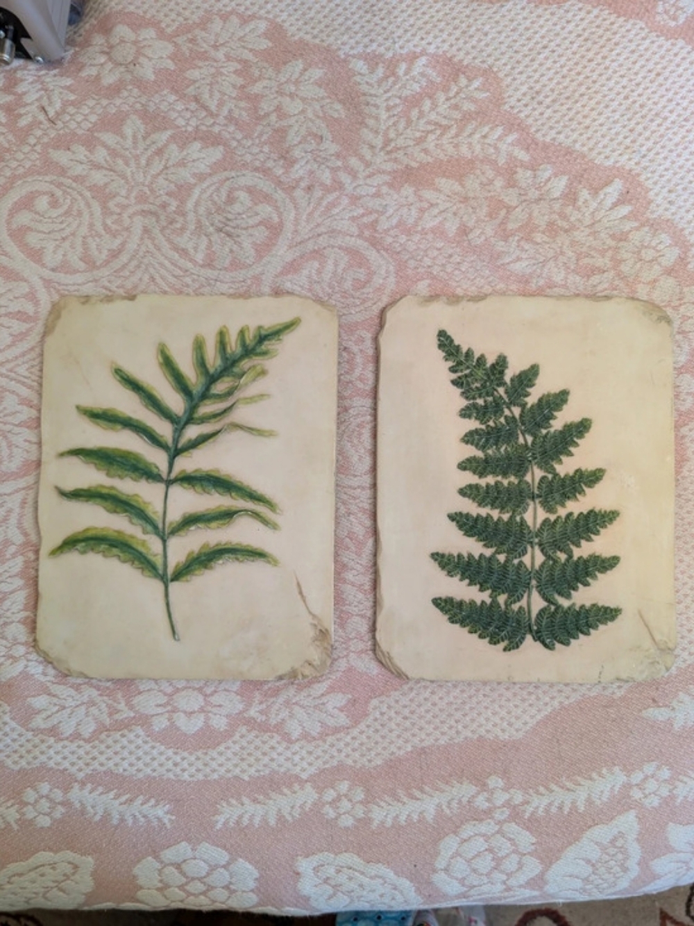 Botanical Leaf Plaque Pair in Cream & Green